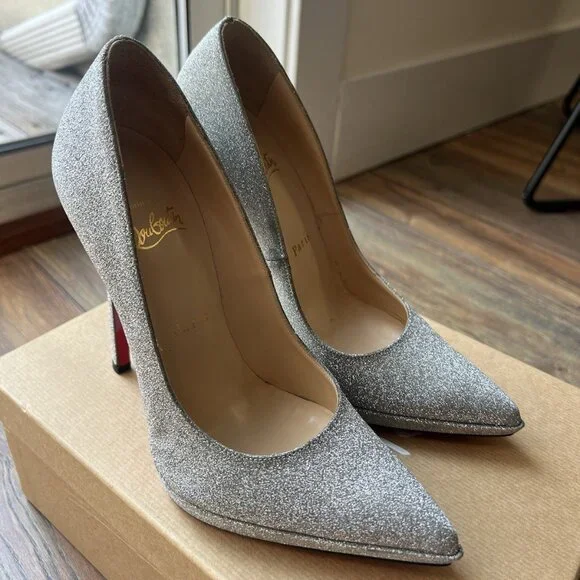 Christian Louboutin Pigalle Plato Silver Pump Heels - Picture 1 of 10